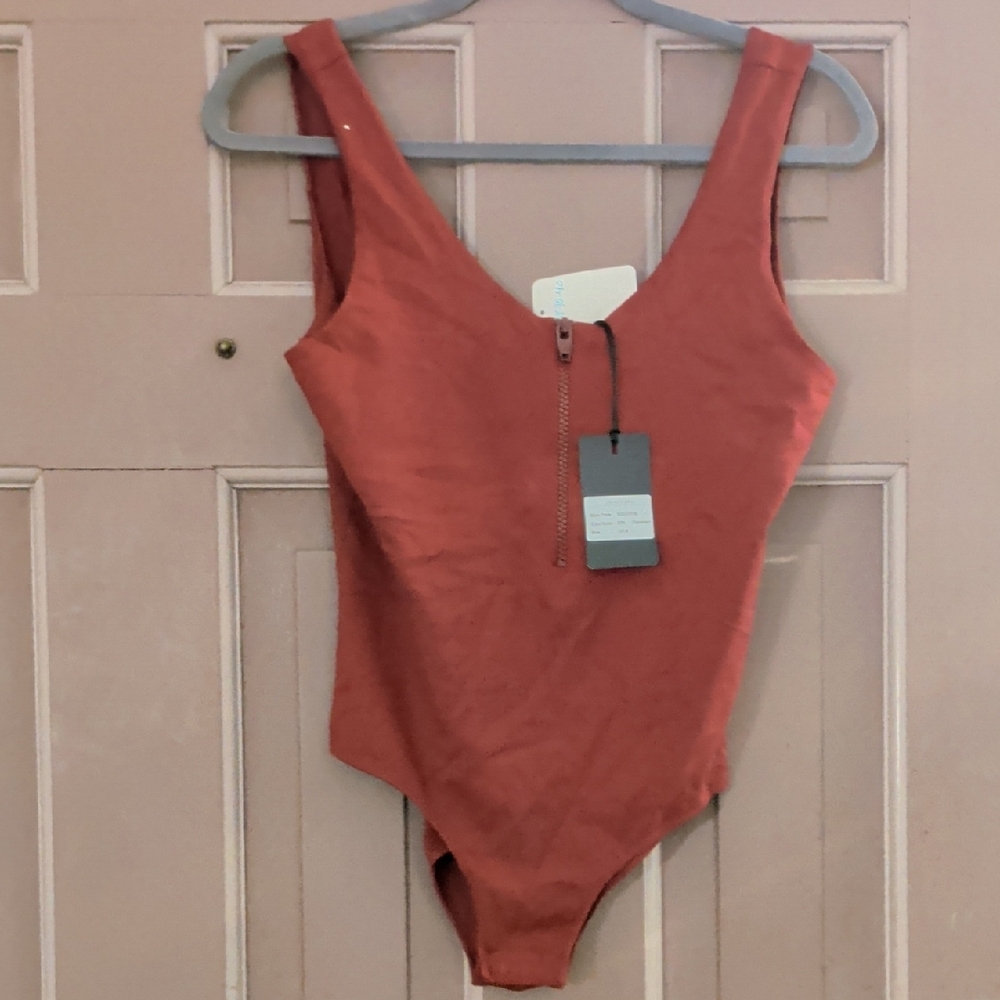 nwt $650 Zeynep Arcay Zipper Front Rust Red One-Piece Bodysuit